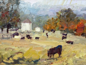 Lynn Mehta, Cows and Old Farmhouse, oil